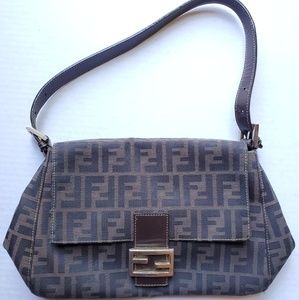 Fendi Brown FF Logo Leather Shoulder Bag Baguette